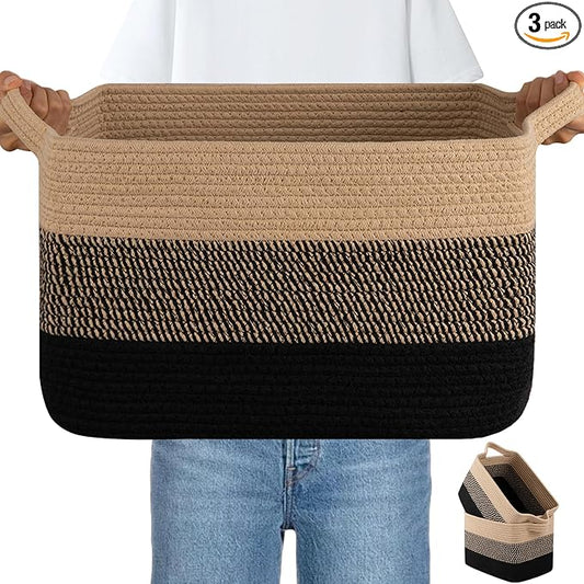 OIAHOMY Woven Storage Basket, Cotton Rope Baskets for Toys,Towel, Clothes, Used to Bathroom,Living Room,Nursery,Bedroom, 16"x12"x10"- Pack of 3, Black & Brown