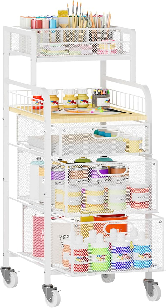 SWTYMIKI Rolling Cart with Drawers - Metal Craft Cart with Wheels, DIY Divider and Wood Shelf, Art Supply Organizer Craft Organizer and Storage, Utility Storage Cart for Home Office Studio, White