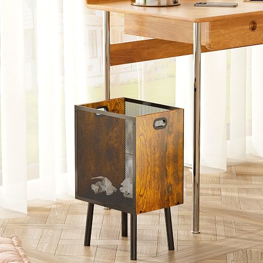 Yuyetuyo 4.5 Gallon Office Trash Can for Near Desk, Wood Bedroom Trashcan Rectangular Wastebasket with Mesh - Handles - Leg, Small Garbage Can Trash Bin for Office Bedroom Living Room Bathroom Dorm