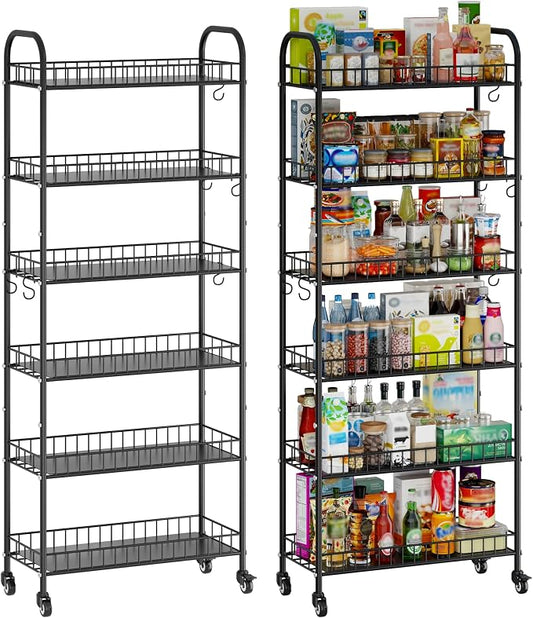 6-Tier Slim Storage Cart, Rolling Kitchen Cart with Wheels, Narrow Metal Shelf Organizer with Hooks for Kitchen, Bathroom, Living Room, Laundry, Small Spaces (Black, 10 in)