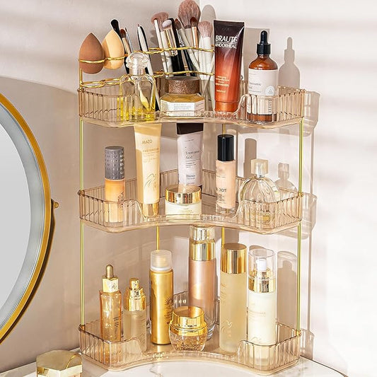 NATURE'S SOURCE Makeup Organizer for Vanity, 3-Tier Corner Bathroom Organizer Countertop with Makeup Brush Holder, Bathroom Counter Storage for Dresser-Amber Gold