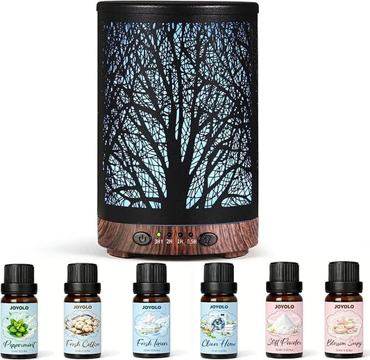 Essential Oil Diffuser & Essential Oils Set, Aromatherapy Diffuser with 7 LED Colors, 6 Oils Gift Pack (Clean Home, Peppermint, Blossom Soapy, Soft Powder, Fresh Cotton, Fresh Linen)