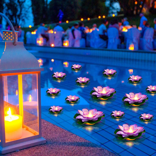 Liliful 24 Pcs Diwali Lotus Decoration Pool Floating Lights, Artificial Flowers Lotus with LED,Lily Pads Water Lantern for Indian Puja Home Decoration(3.94 Inch, 5.91 Inch,Purple)