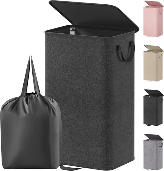 Lifewit Single Laundry Hamper with Lid and Removable Laundry Bags, Large Collapsible 1 Dividers Dirty Clothes Basket with Handles for Bedroom Laundry Room Closet Bathroom College, 100L Black