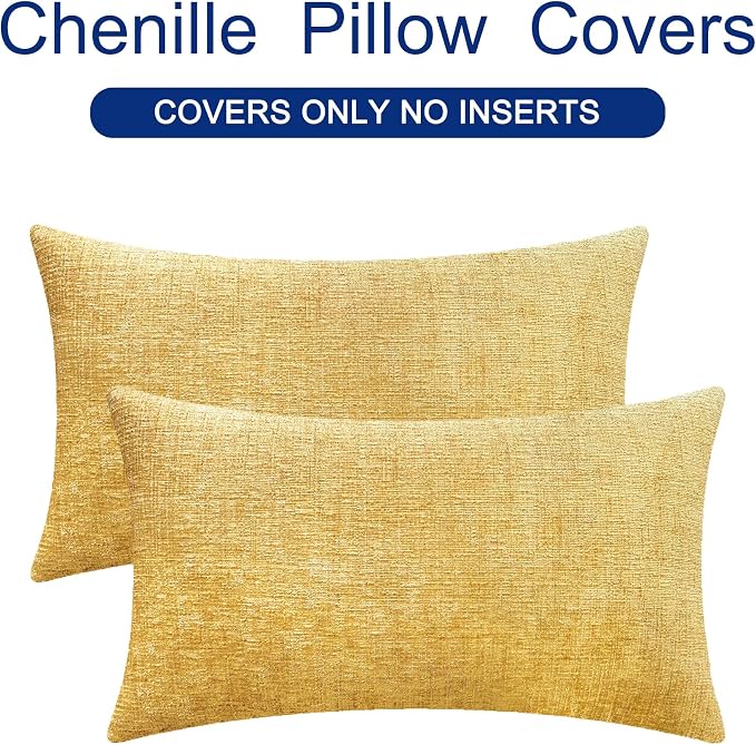 CaliTime Throw Pillow Covers Decorative 12 X 20 Inches Pack of 2 Cozy Chenille Cushion Cases for Couch Sofa Bed Living Room Home Gold