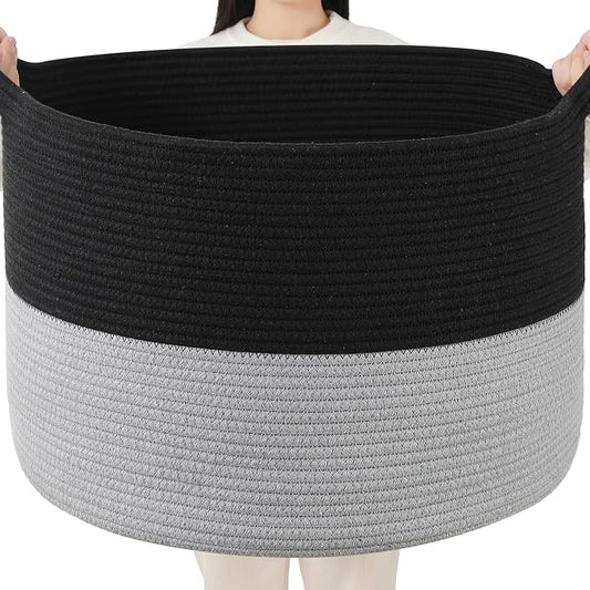 Foldable Laundry Hamper Basket with Collapsible Handle Cotton Rope Soft Woven Fabric Storage Organizer Clothes Toys Nursery Bedroom Dorm Space Saving Bin (Black & Grey, 115L(23.6"D x 15.7"H))