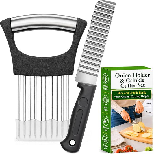 Onion Holder for Slicing & Crinkle Cutter Knife, 2 Piece Kitchen Prep Tool Set, Stainless Steel Onion Slicer Prongs, Wavy Knife, Potato Cutter for Fries, Tomato, Cucumber, Carrot