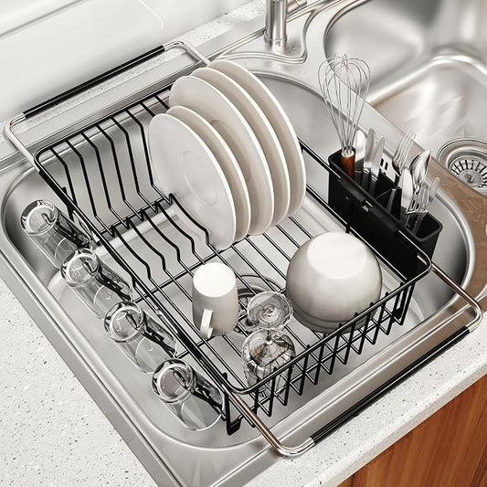 MAJALiS Dish Drying Rack Over The Sink with Utensil Holder | Expandable Stainless Steel Dish Drainer for Small Kitchen, Apartment, RV, Counter Space Saving, Perfect Fit, Rustproof