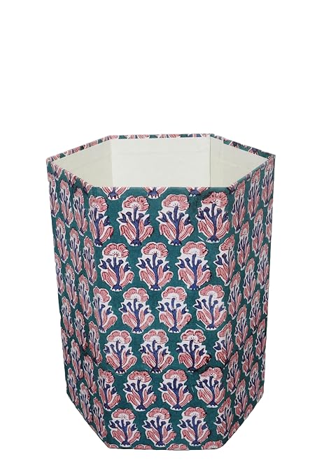 3.3 Gallon Cotton Hand Block Printed Paper Waste Basket |Small Decorative Trash Can for Housewarming Gifts in Living Room, Bedroom, Bathroom | Eco-Friendly, Plastic-Free (1, Green Blue RED Tree)