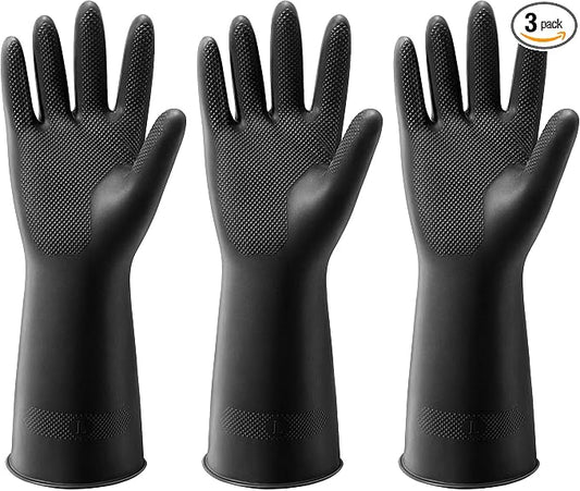 ThxToms 3 Pairs Dishwashing Gloves, Reusable Latex Cleaning Gloves for Housework Kitchen Bathroom, Durable Flexible & Anti-slip, Smooth Lining, Easy On & Off, Small, Black