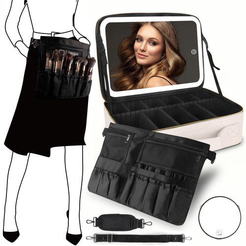 MOMIRA Travel Makeup Bag Cosmetic Bag Makeup Organizer Bag with Lighted Mirror, Adjustable Brightness in 3 Color Scenarios, Waterproof Makeup Train Case, Gift for Women - Khaki (Large)