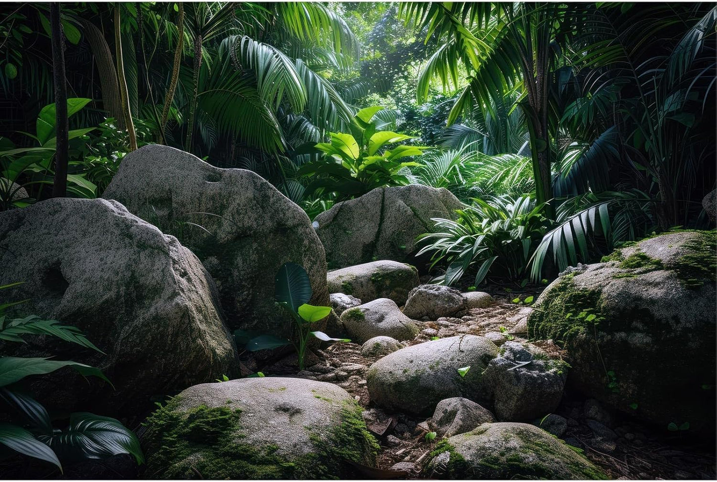 Reptile Habitat Backdrop Lush Tropical Plants and Rocks Terrarium Backdrop Dense Vegetation with Large Broad Leaves and Ferns Fish Tank Background Aquarium Wallpaper Poster Decor Vinyl 72x16in