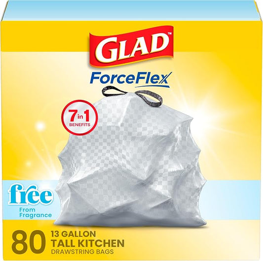 Glad ForceFlex Tall Kitchen Drawstring Trash Bags, 13 Gal, Fragrance Free, 80 Ct (Package May Vary)