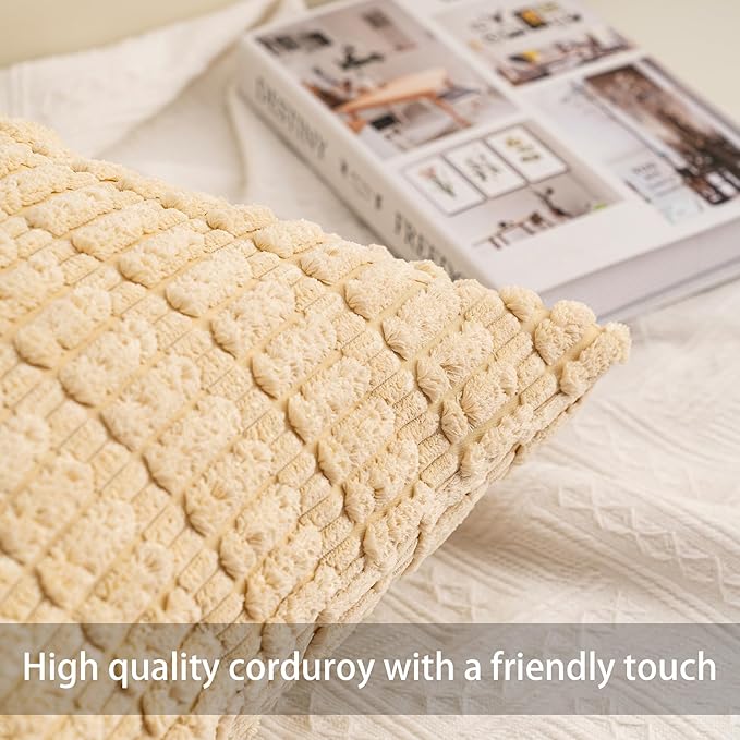 Aegero Pack of 2 Corduroy Decorative Throw Pillow Covers 12x24 Inch Soft Striped Pillow Covers Modern Farmhouse Home Decor for Sofa Living Room Couch Bed（Beige）