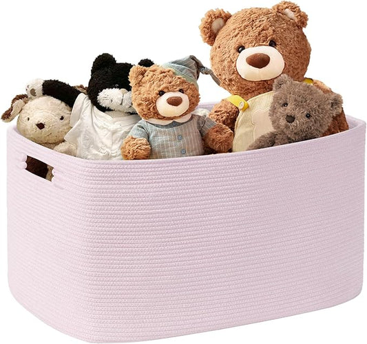 45L Small Baby Girls Laundry Basket for Nursery Storage,Cute Woven cotton Rope Baskets for Kids Toy，Gifts, Boho Square Wicker Blanket hamper for Living Room,Bedroom Dirty Clothes,Pink
