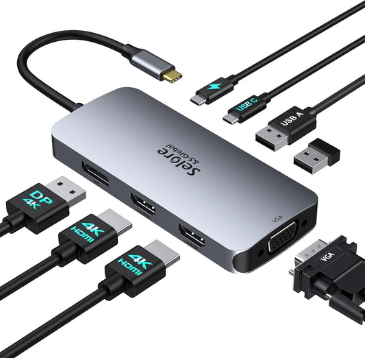 USB C Docking Station Dual HDMI Monitor Adapter, Selore USB C Hub 3 Monitors with Dual HDMI, Displayport, VGA, 100W PD Charging, 3USB 2.0 Ports Adapter for Dell XPS, HP, Lenovo, etc