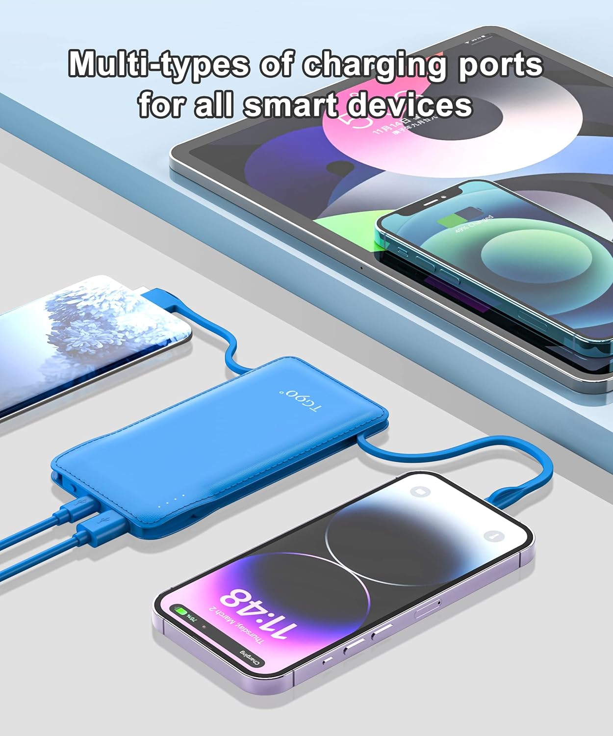 TG90° 10000mah Power Bank Portable Charger with Built-in Cables, Portable Phone Charger Battery Backup Compatible with iPhone 16 15 14 13 12 and Android Phones