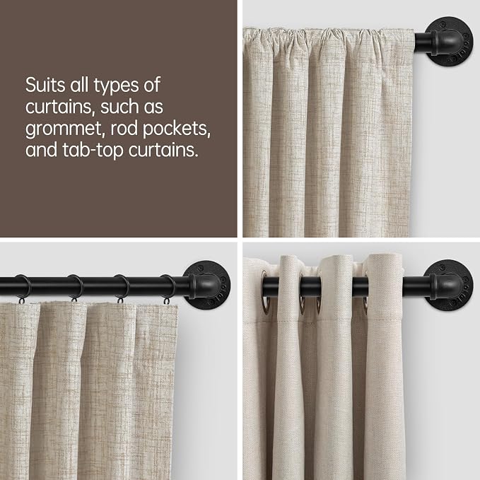 Zeerobee Curtain Rods for Windows 72 to 144, 1 Inch Industrial Wrap Around Black Curtain Rod, Indoor/Outdoor Room Divider Adjustable Drapery Pole, 72"-144"