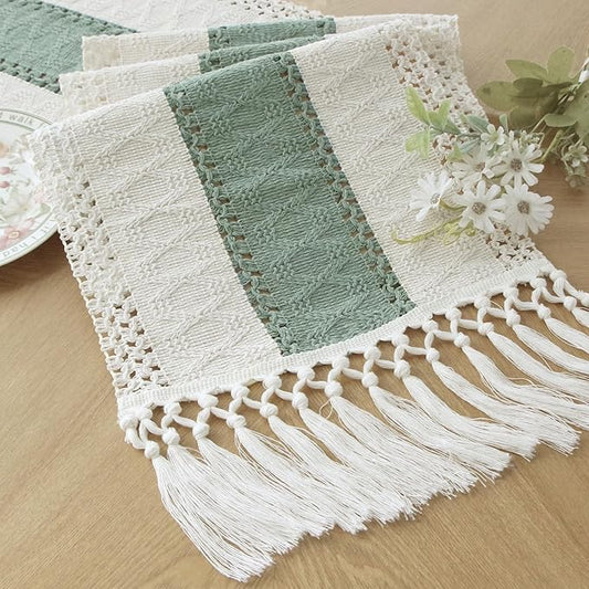 FEXIA Sage Green Table Runner 90 Inches Long with Tassels Boho for Summer Home Decor Rustic Macrame Farmhouse Table Cover for Wedding Party Bohemian Bridal Shower Dining Decorations(12x90 Inches)