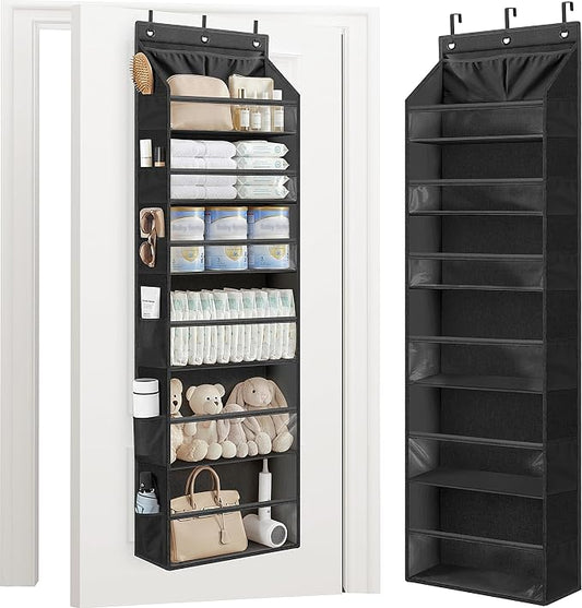 STORAGE MANIAC Over the Door Organizer 6-Shelf Closet Hanging Storage with 14 Mesh Pockets, 66lbs Capacity Clear Deep Pockets Behind Door Storage for Nursery, Bathroom, Bedroom, 1 Pack Black