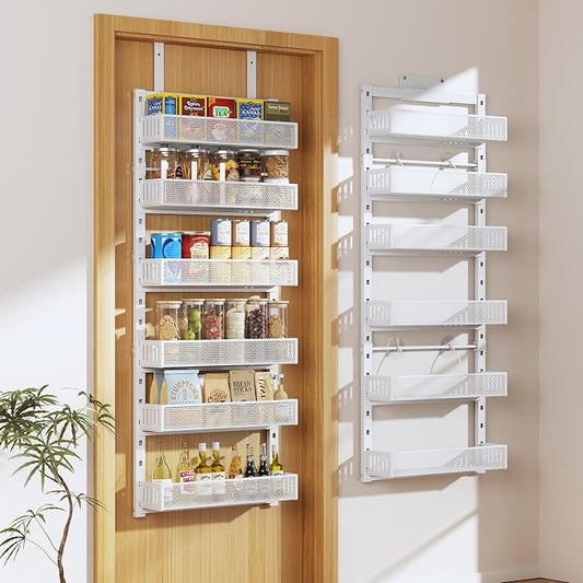 Pantry Door Organizers and Storage, 6-Tier Large Metal Heavy-Duty Frame Over the Door Spice Rack, 2 in 1 Wall-Mounted or Hanging shelf for Kitchen, Bathroom, Laundry Room, Bedroom, Closet &Nursery