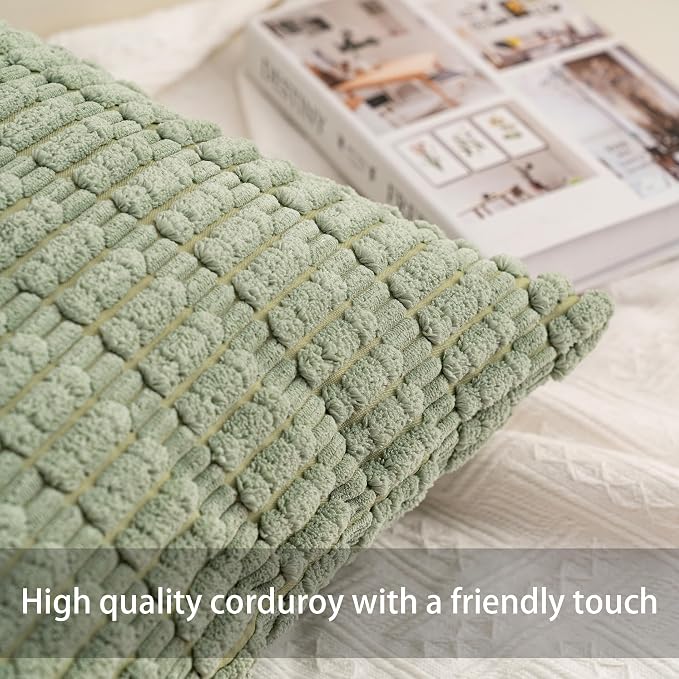 Aegero Pack of 2 Christmas Green Corduroy Decorative Throw Pillow Covers 24x24 Inch Soft Striped Pillow Covers Modern Farmhouse Home Decor for Sofa Living Room Couch Bed（Blackish Green）