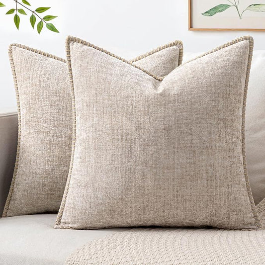 MIULEE Pack of 2 Couch Throw Pillow Covers 18x18 Inch Taupe Farmhouse Decorative Pillow Covers with Stitched Edge Tan Soft Chenille Solid Dyed Pillow Covers for Sofa Bed Living Room