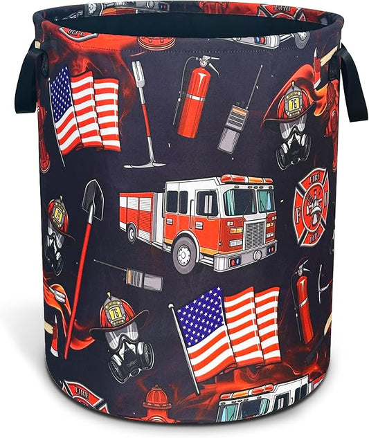 Fire Truck Fireman Laundry Basket Firefighters Oxford Cloth Laundry Hamper With Handle Foldable Portable Clothes Storage Basket 18.9 X 16.5 In Storage Bag For Laundry Room/Bathroom/Bedroom/Dormitories