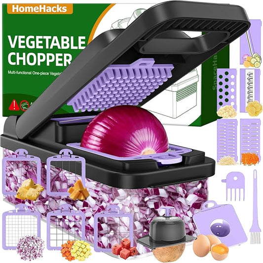 HomeHacks Vegetable Chopper Vegetable Cutter, 15 in 1 Kitchen Gadget, Dicer, Slicer, Onion Cutter, Salad, Cheese Grater & Egg Separator - Multi-Functional Veggie Chopper Lid with Handle (Purple)