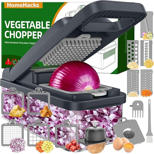 HomeHacks Vegetable Chopper Vegetable Cutter, 15 in 1 Kitchen Gadget, Dicer, Slicer, Onion Cutter, Salad, Cheese Grater & Egg Separator - Multi-Functional Veggie Chopper Lid with Handle (Grey)