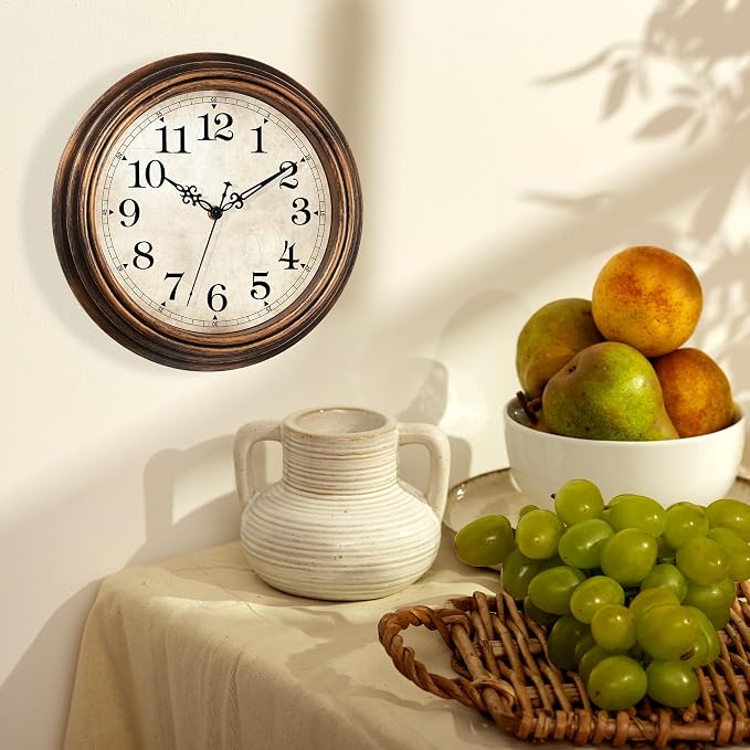 Wall Clock - 12 Inch Vintage Battery Operated - Retro Silent Non Ticking - Decorative Living Room Home Kitchen School Office