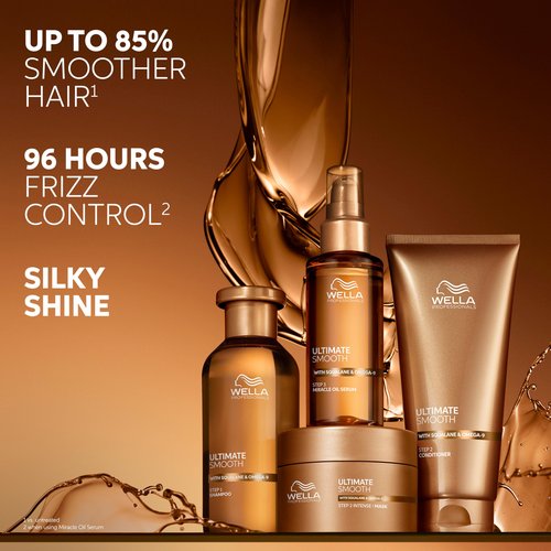 Wella Professionals ULTIMATE SMOOTH Shampoo 8.4 Fl Oz. + Conditioner 6.7 Fl Oz. + Miracle Oil Serum Travel Size - 1 Fl Oz. | For Dry, Dull & Frizzy Hair | With Squalane & Omega 9