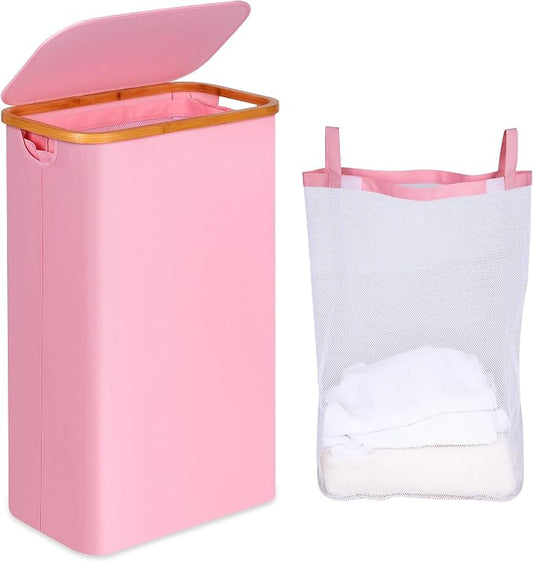 iEGrow 75L Slim Laundry Hamper, Narrow Laundry Basket with Lid,Foldable Clothes Hamper with Bamboo Handles,Hamper Basket with Removable Inner Bag for Laundry Room Bedroom College Dorm,19.8 Gals Pink