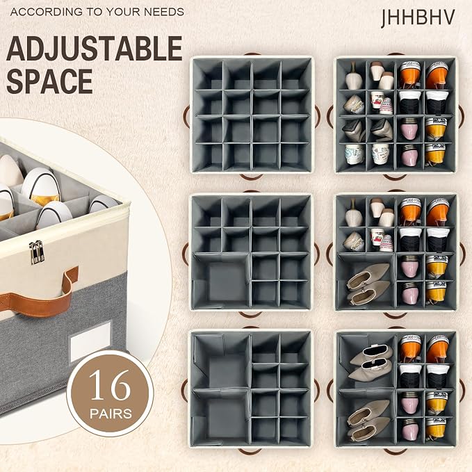 1 Pack Shoe Organizer for Closet, Adjustable Shoe Box Storage Containers, Large Foldable Shoe Bins with Clear Cover, Space Saving Shoes Holder with 4 Handles, Fits 8-16 Pairs, Beige