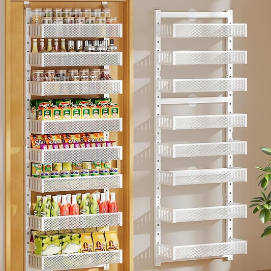 POKIPO 8-Tier Over the Door Pantry Organizer, 2 IN 1 Wall Mount or Hanging Spice Rack with Adjustable Raised Basket, Heavy Duty Back of Door Storage for Kitchen Bathroom Laundry Room