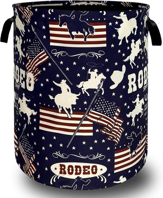 Western Cowboy Laundry Hamper Foldable Oxford Cloth American Flag Laundry Basket With Handle Portable Clothes Storage Organizer Basket 18.9"x16.5" Storage Bag For Laundry Room/Bathroom/Bedroom
