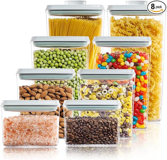 8 Pack Airtight Food Storage Containers with Lids, Pop Top Pantry Organizer Set, BPA-Free Clear Stackable Kitchen Containers with Measurement Marks for Cereal, Flour, Sugar, Pasta, Snacks