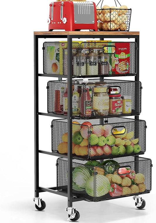 Goovilla Kitchen Cart with Drawers, 4 Tier Metal Rolling Utility Cart Organizer on Lockable Wheels with Wooden Top, Black Fruit Vegetable Storage Rack Also for Cans, Snack, Craft, Art, Office, Beauty