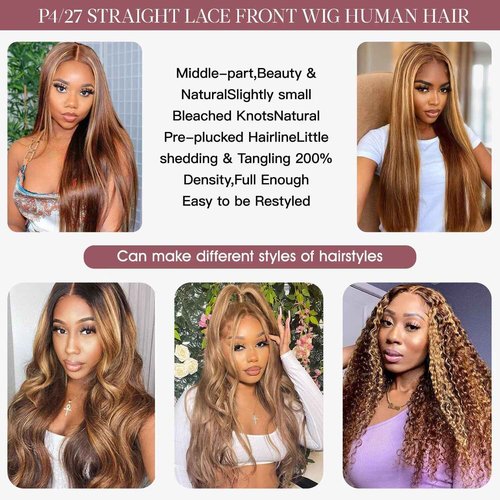 IWISH Ombre Lace Front Wig Human Hair 20 Inches 200% Density 13x6 Straight Highlight Lace Frontal Human Hair Wigs P4/27 Colored Wigs for Women