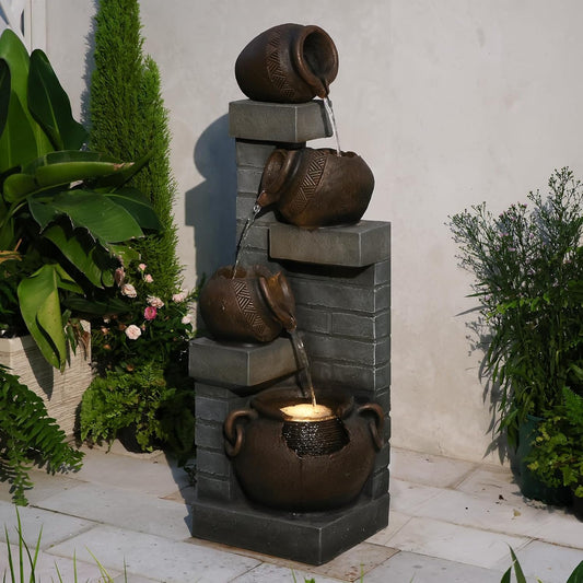 Water Fountain Outdoor 4-Tiers Cascading Realistic Bowls Waterfall Clay Pot Design Outdoor Fountain Resin Imitation Wood with LED Lights for Garden, Patio, Porch 42" H