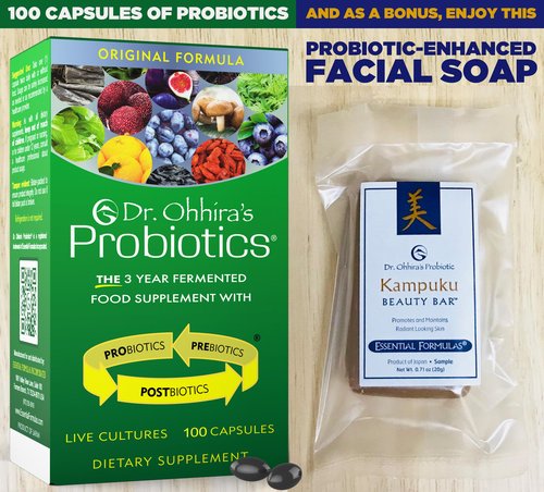 Dr. Ohhira's Probiotics Original Formula 100 Capsules with Bonus Beauty Bar Soap Travel Size 20g - No Refrigeration Supplement for Women and Men, 13 Probiotic Strains