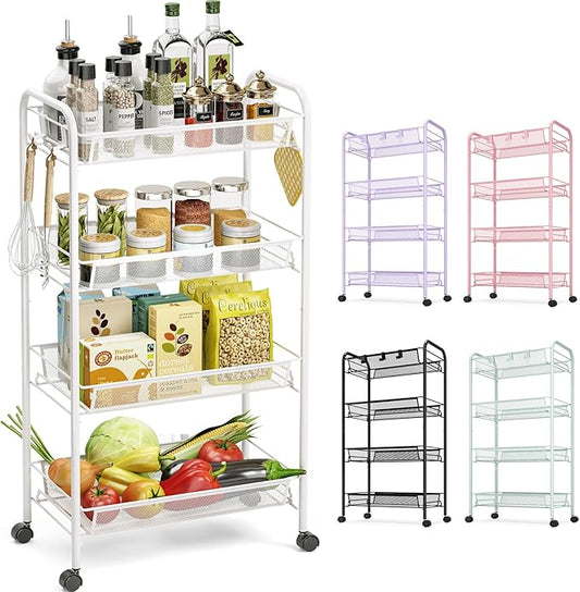 TOOLF 4-Tier Rolling Cart, Metal Utility Cart with 3 Hooks, Easy Assemble Mobile Storage Trolley On Wheels, Metal Shelving Units Kitchen Bathroom Laundry Room