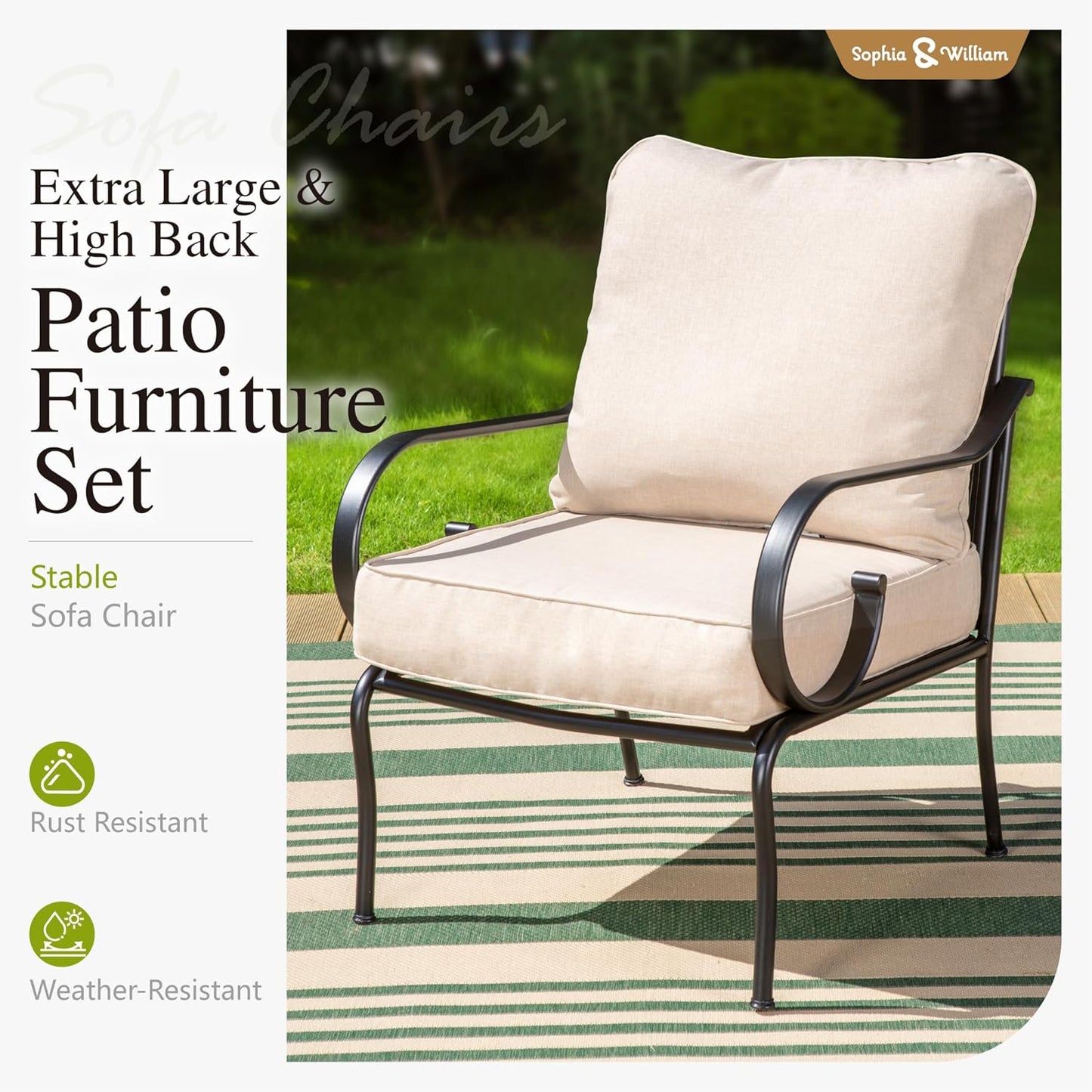 Sophia & William 4 Piece Patio Furniture Set with Fire Pit, Outdoor Conversation Sets 5 Seats Clearance with 45" Gas Fire Pit Table x 1, 3-seat Sofa x 1, Cushioned Chair x 2 for Porch Lawn, Beige