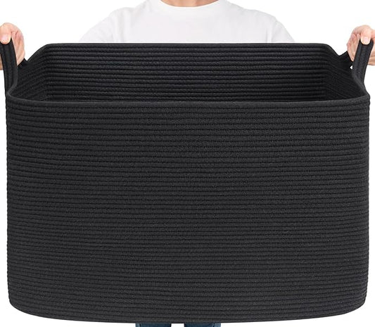 Goodpick Large Woven Storage Basket, 105L Extra Large Blanket Basket for Living Room, Bedroom, Rectangle Cotton Rope Organizer for Toy Storage, 25”x16”x16”, Black