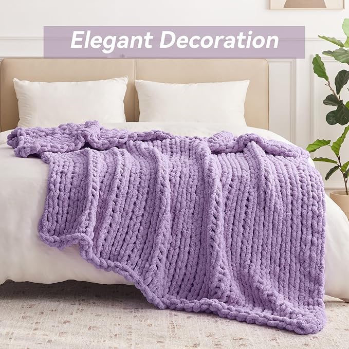 Negwoo Chunky Knit Throw Blanket, 30''*40'' Knitted Throw Chenille Yarn for Bed Couch, Handmade Light Purple Crochet Big Thick Blanket, Machine Washable Cute Comfy Blanket for Home Decor