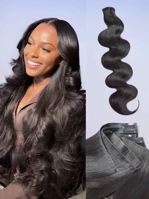 LUVME Invisible Clip in Hair Extensions Body Wave Real Human Hair, Remy Human Hair Extensions Clip ins for Women, Natural Human Hair, 14 inch 110g 6Pcs, Natural Black