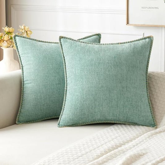 MIULEE Pack of 2 Summer Throw Pillow Covers 20x20 Inch Aqua Green Farmhouse Decorative Pillow Covers with Stitched Edge Soft Chenille Solid Dyed Pillow Covers for Couch Sofa Bed Living Room