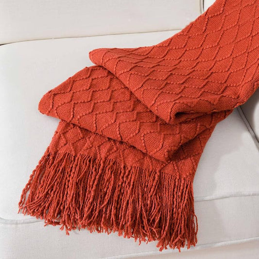 BATTILO HOME Rust Throw Blanket for Couch, 50" x 60", Acrylic Knit Woven Summer Blanket, Lightweight Decorative Soft Nap Throw with Tassel for Chair Bed Sofa Travel Picnic, Suitable for All Seasons