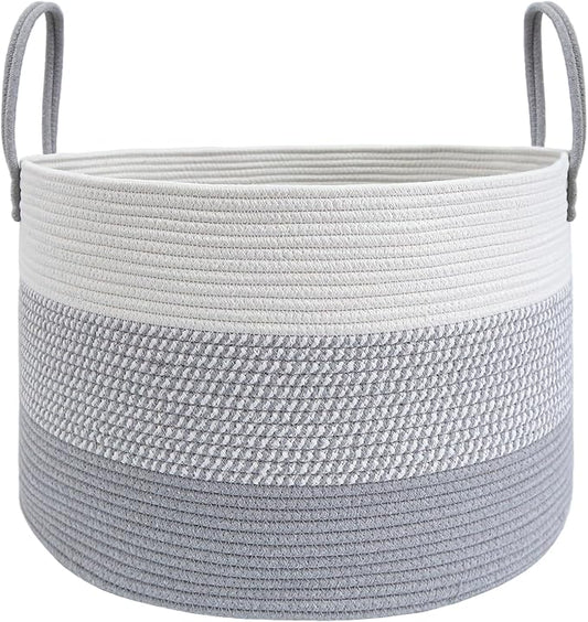 JMvicyroam 65L Extra Large Blanket Basket for Living Room - Woven Cotton Rope Laundry Hamper with Reinforced Handles - Storage Bin for Pillows, Comforters & Toys - Machine Washable,White&Grey Mix