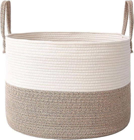 JMvicyroam 65L Extra Large Blanket Basket for Living Room - Woven Cotton Rope Laundry Hamper with Reinforced Handles - Storage Bin for Pillows, Comforters & Toys - Machine Washable,White&Brown